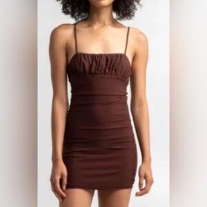 Anthropologie sky and sparrow chocolate Brown mesh stretch ruched Mini Dress xl